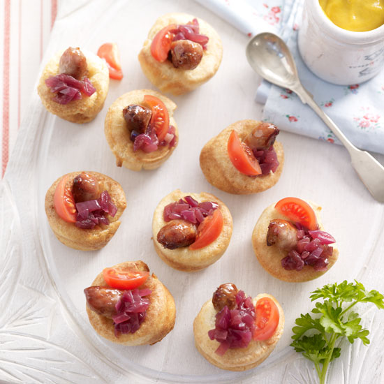 A bite-size version of everyone’s favourite toad in the hole served with red-onion marmalade makes a tasty canapé. The Yorkshires can be made in advance and frozen.