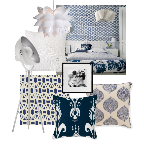 Modern blue and white bedroom