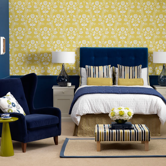 Yellow hotel-style bedroom