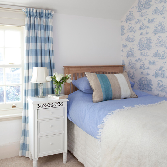 Pale blue toile and striped bedroom