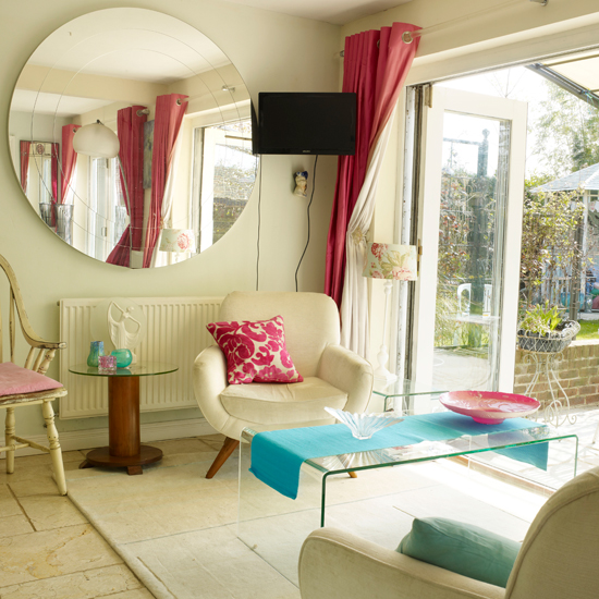 Cream and crimson living room