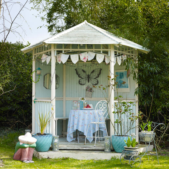 Pale blue garden summerhouse