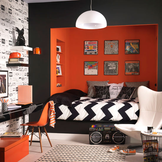 Orange and monochrome bedroom