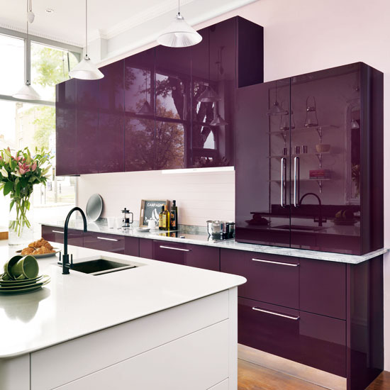Modern white kitchen with purple gloss cabinetry | Kitchen | PHOTO GALLERY | Beautiful Kitchens | Housetohome.co.uk