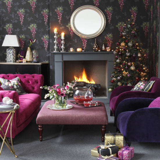 Glam black and fuchsia Christmas living room | Christmas living ...