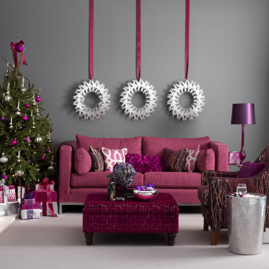 Smart raspberry and grey Christmas living room | Christmas living room decorating ideas | PHOTO GALLERY | Ideal Home | Housetohome