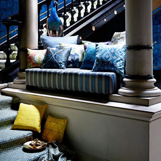 Ikat print hallway staircase
