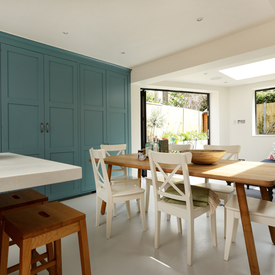 White and teal kitchen 