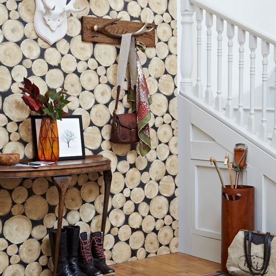 Rustic country hallway with log-effect wallpaper