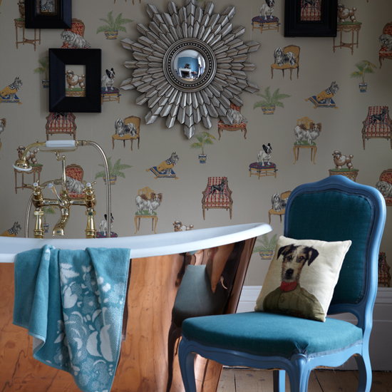 Country bathroom with dog-motif wallpaper