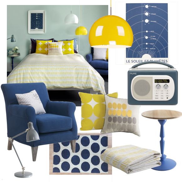 Bedroom with blue and yellow