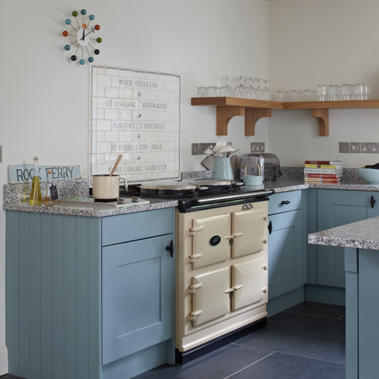 Blue and cream kitchen with Aga