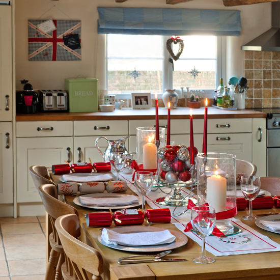Festive red and cream dining room