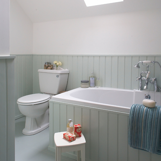 Aqua tongue-and-groove bathroom