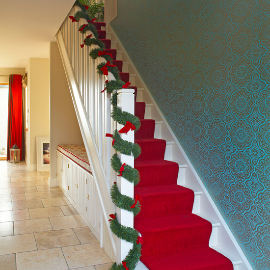 Red and blue festive hallway