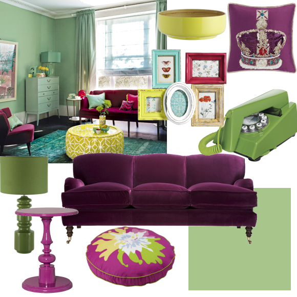 Green and raspberry living room