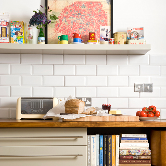 Modern kitchen with white brick tiles