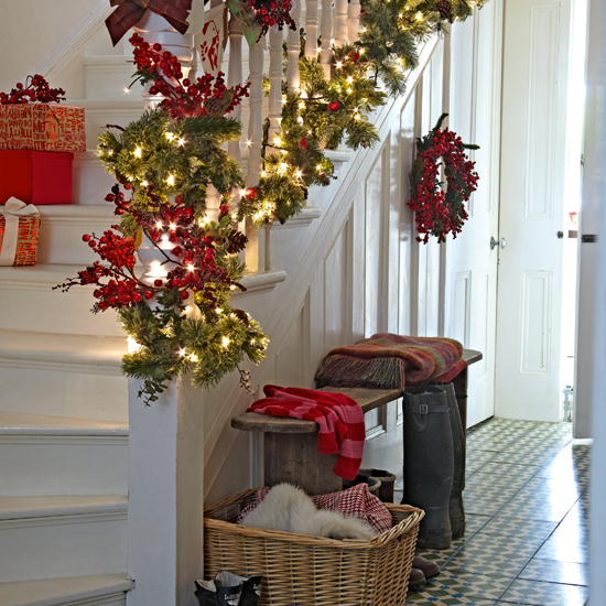 White painted hallway with festive garland