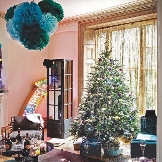 Festive living room with paper decorations