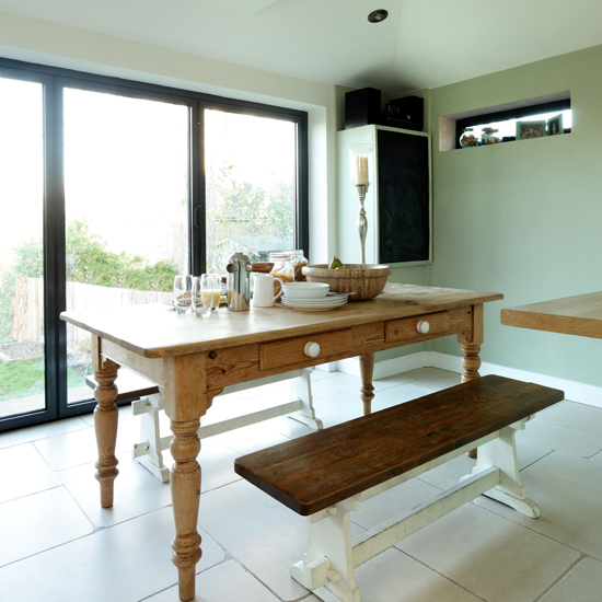 Pale green and oak dining room