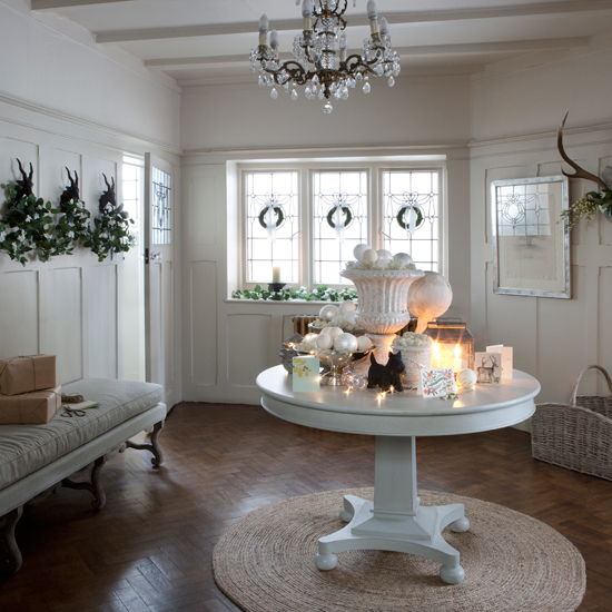Soft white Christmas hallway