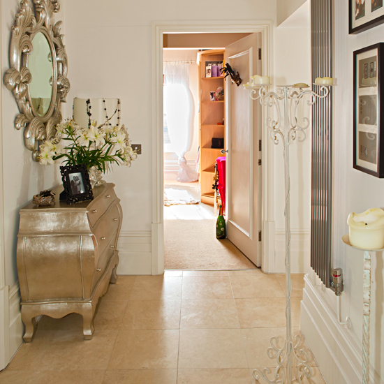 Travertine tiled hallway