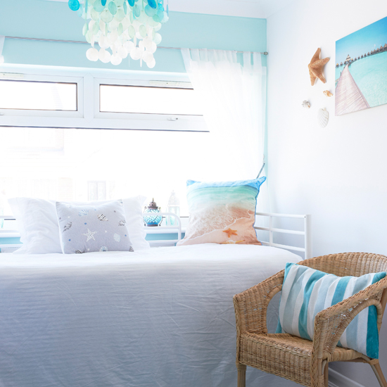 Aqua and white coastal bedroom