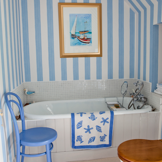 Blue and white striped bathroom 