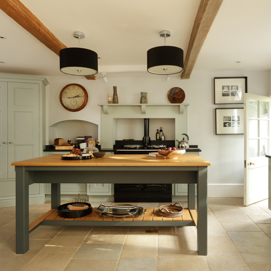 Pale blue and wood country kitchen 