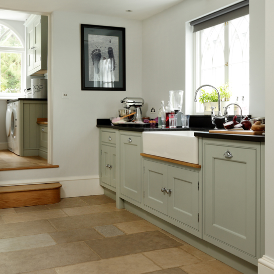 Pale blue country-style kitchen