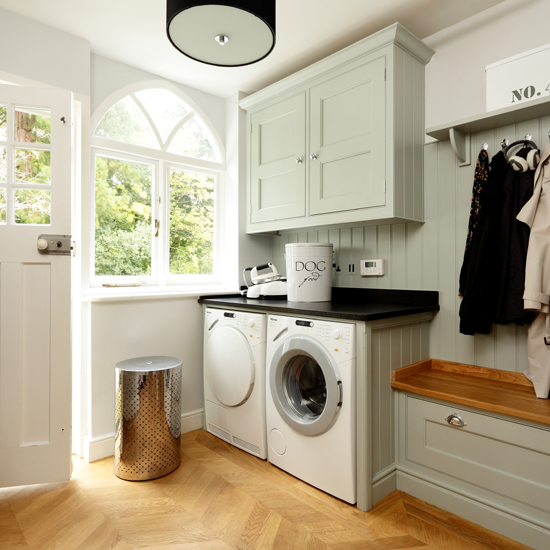 Pale blue and wood utility room
