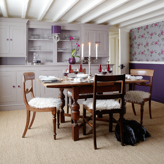 Lilac and wood dining room