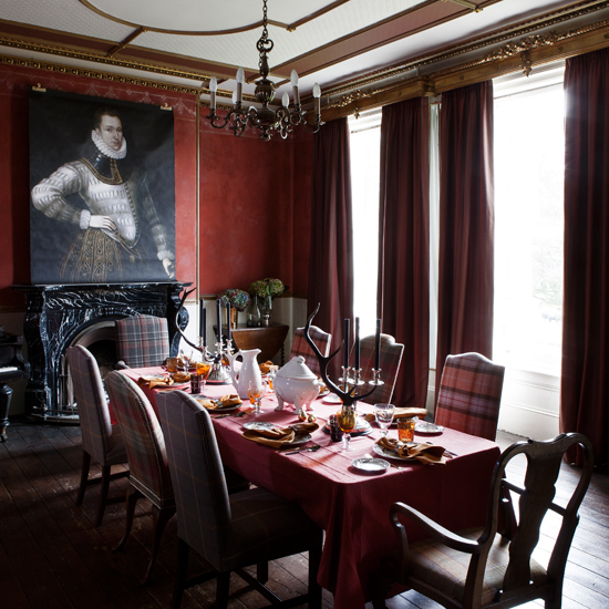 Grand red tartan and check dining room