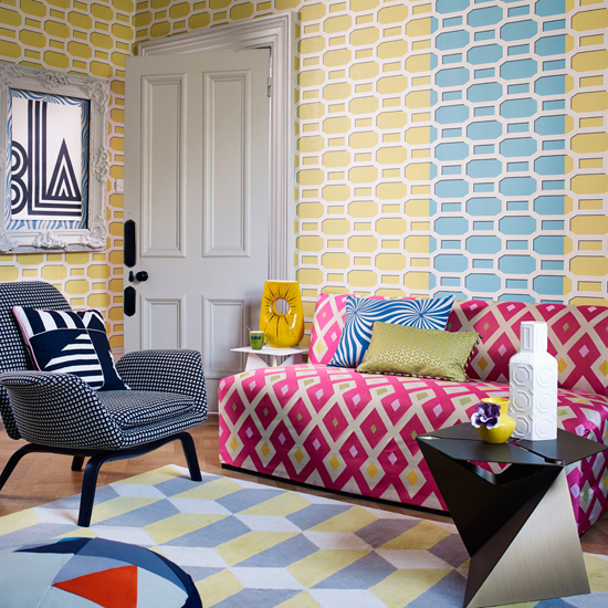 Geometric living room with trellis wallpaper 