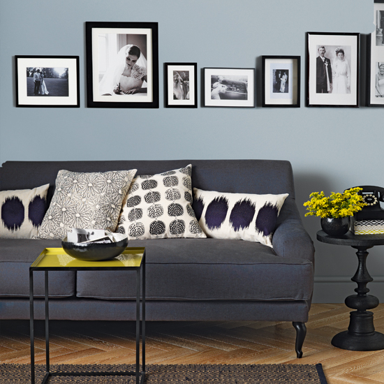 Pale blue and charcoal grey living room 