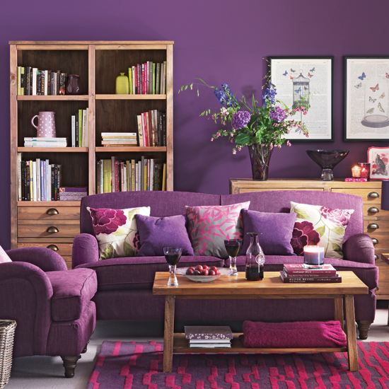 Purple and wood living room