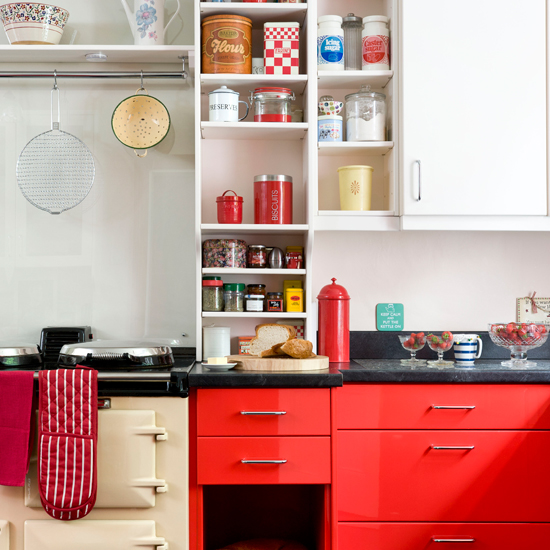 Red and cream 1950s-style kitchen