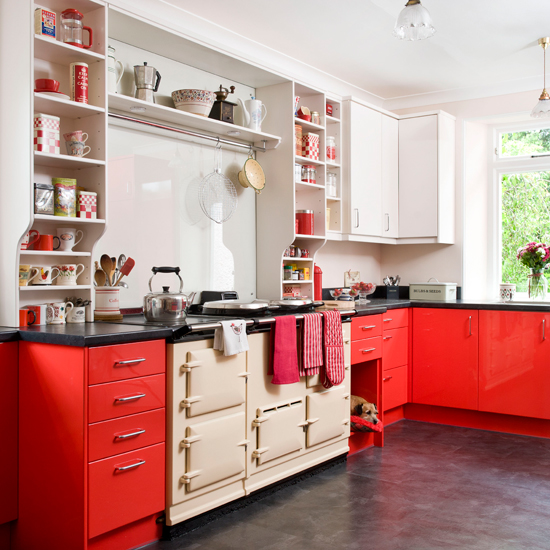 Kitchen with red units and cream Aga | Kitchen decorating | housetohome