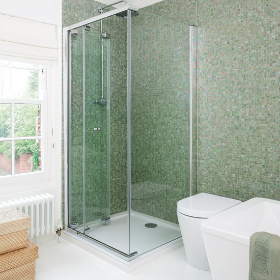 Green iridescent mosaic-tiled shower