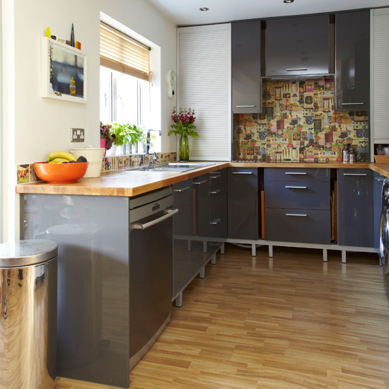 Glossy grey and wood kitchen