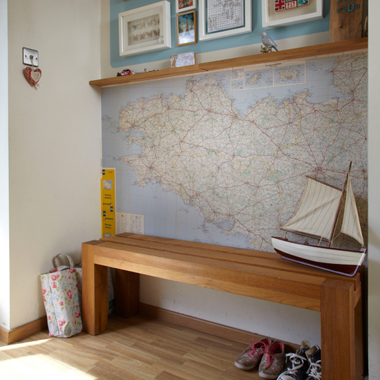Hallway with wooden bench