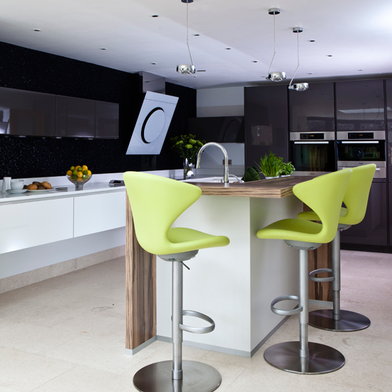 Lime green and black hi-gloss kitchen