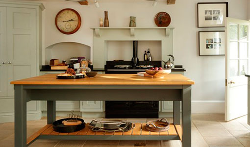 Pale blue and wood country kitchen 