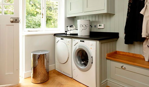 Pale blue and wood utility room