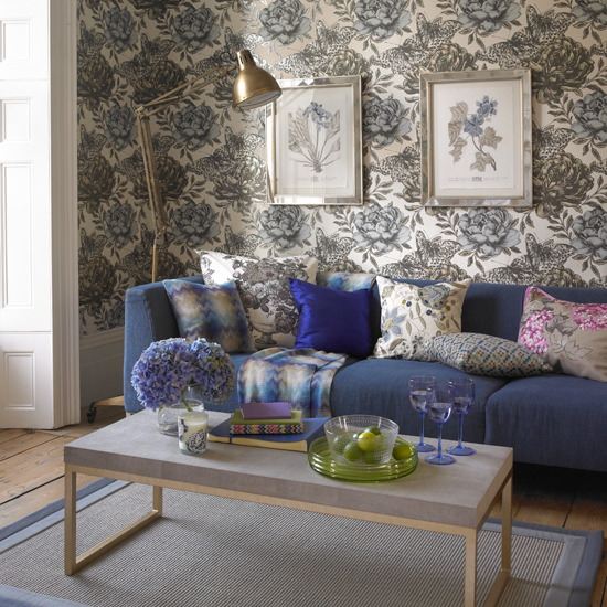 Blue painterly floral living room