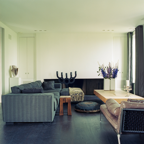 Contemporary living room with dark wood flooring