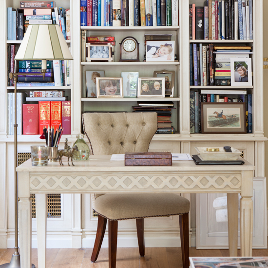 Neutral elegant home office  Home office decorating ideas 