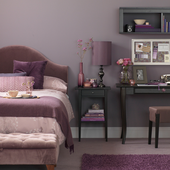 Lavender bedroom with desk