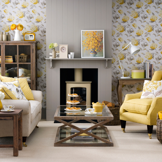 Grey living room with yellow accents