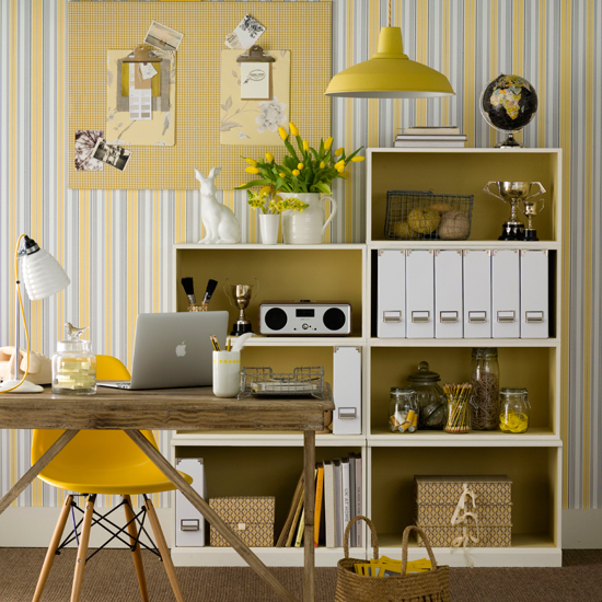 Neutral home office with yellow accents